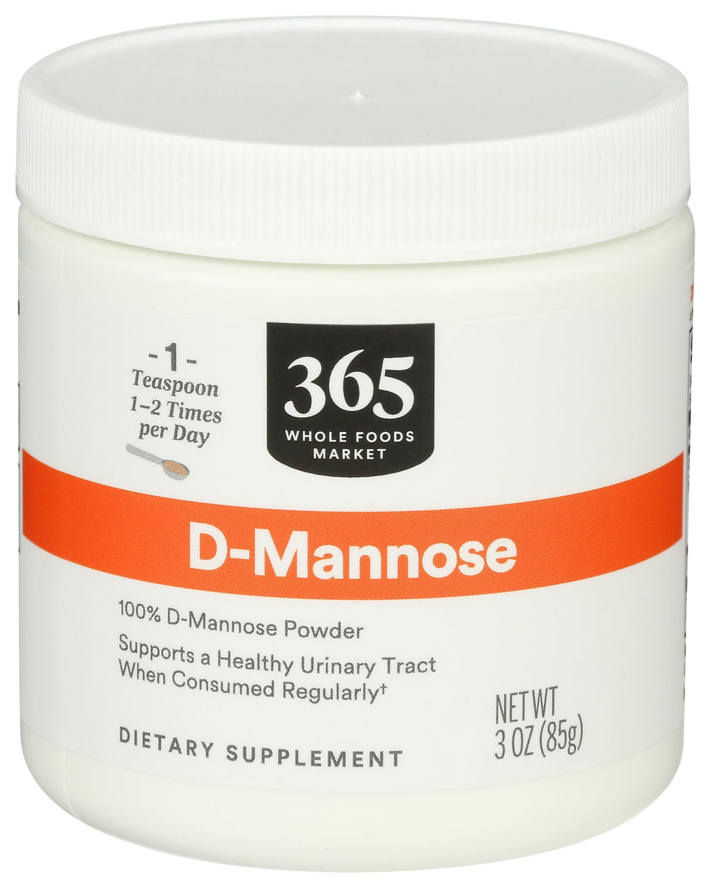 365 D-Manose powder bottle front, vegan-certified daily supplement
