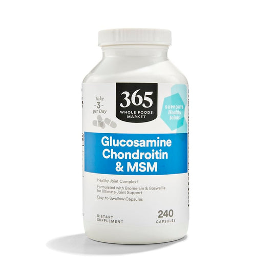 365 by Whole Foods Market glucosamine chondroitin and MSM bottle front showing joint support formula