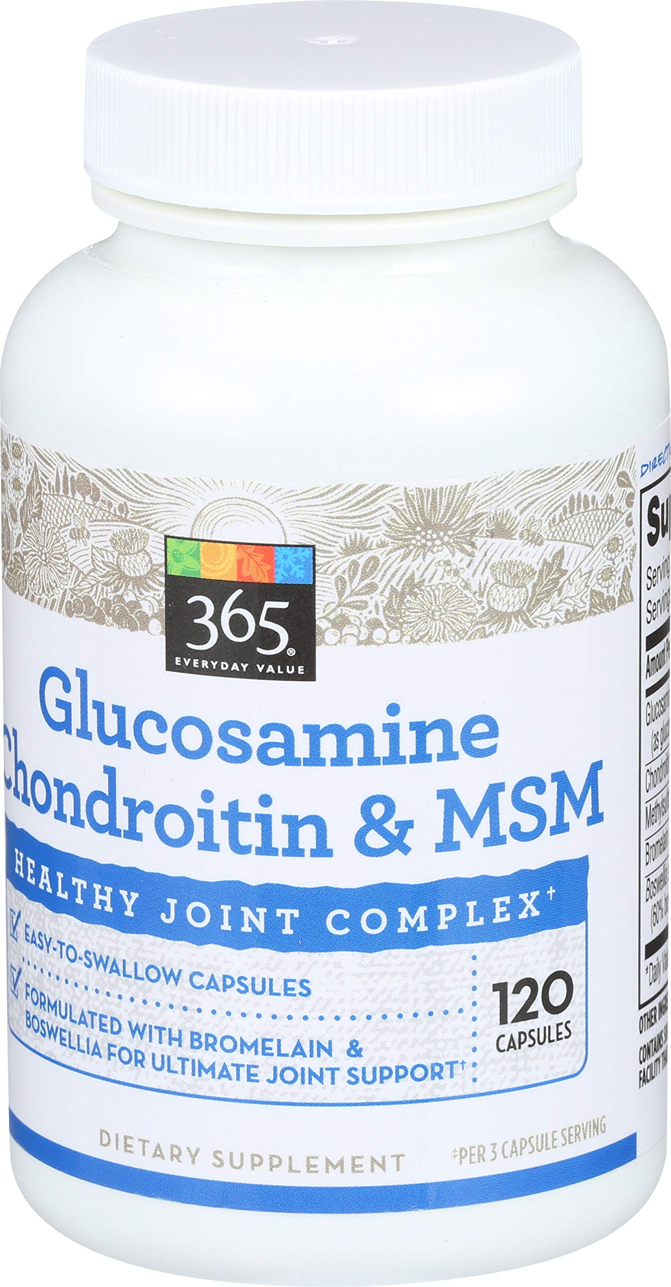 365 glucosamine chondroitin msm capsules closeup highlights easy-to-swallow daily capsules.