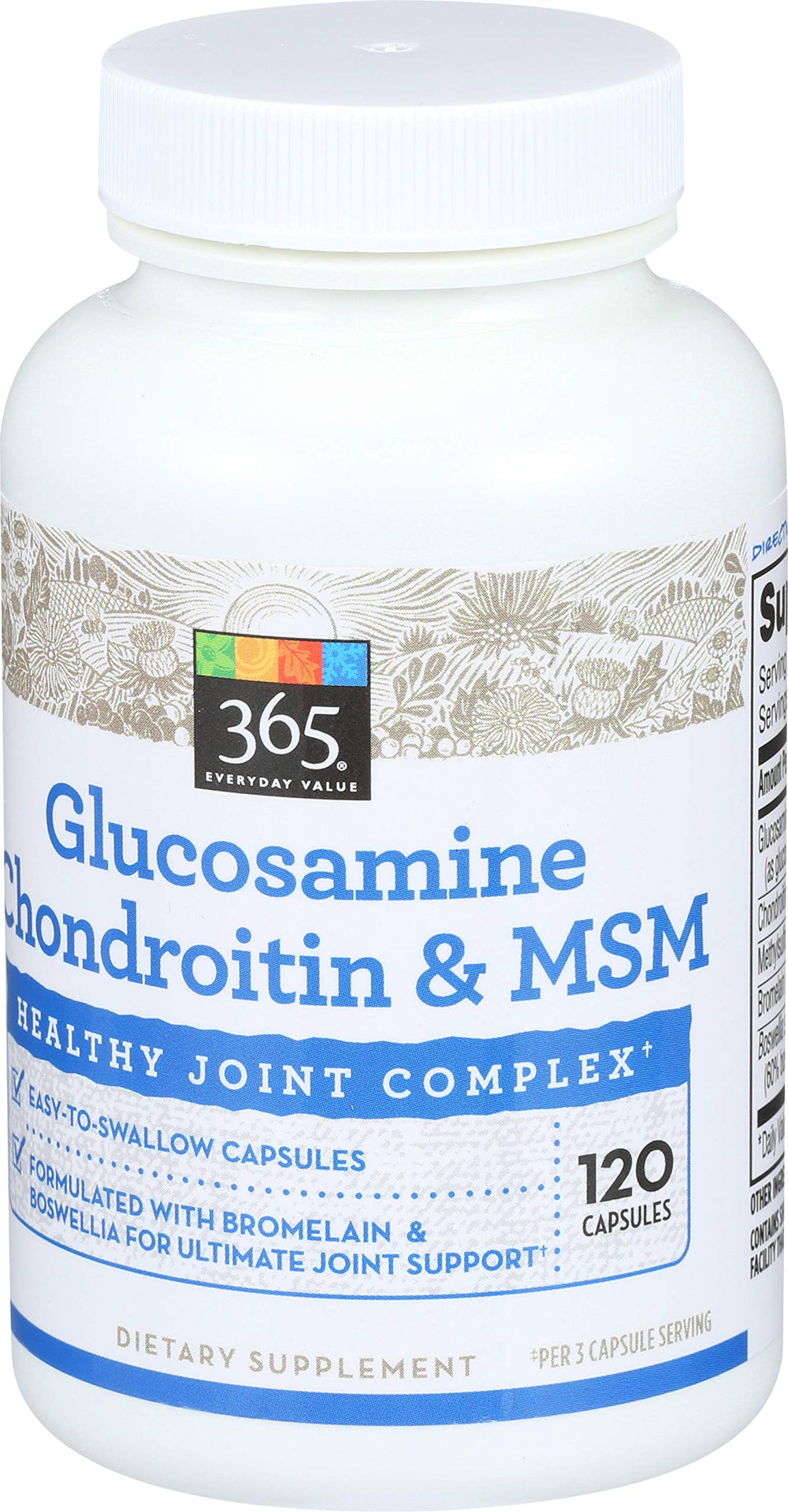365 glucosamine chondroitin msm capsules closeup highlights easy-to-swallow daily capsules.