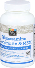 365 glucosamine chondroitin msm capsules closeup highlights easy-to-swallow daily capsules.