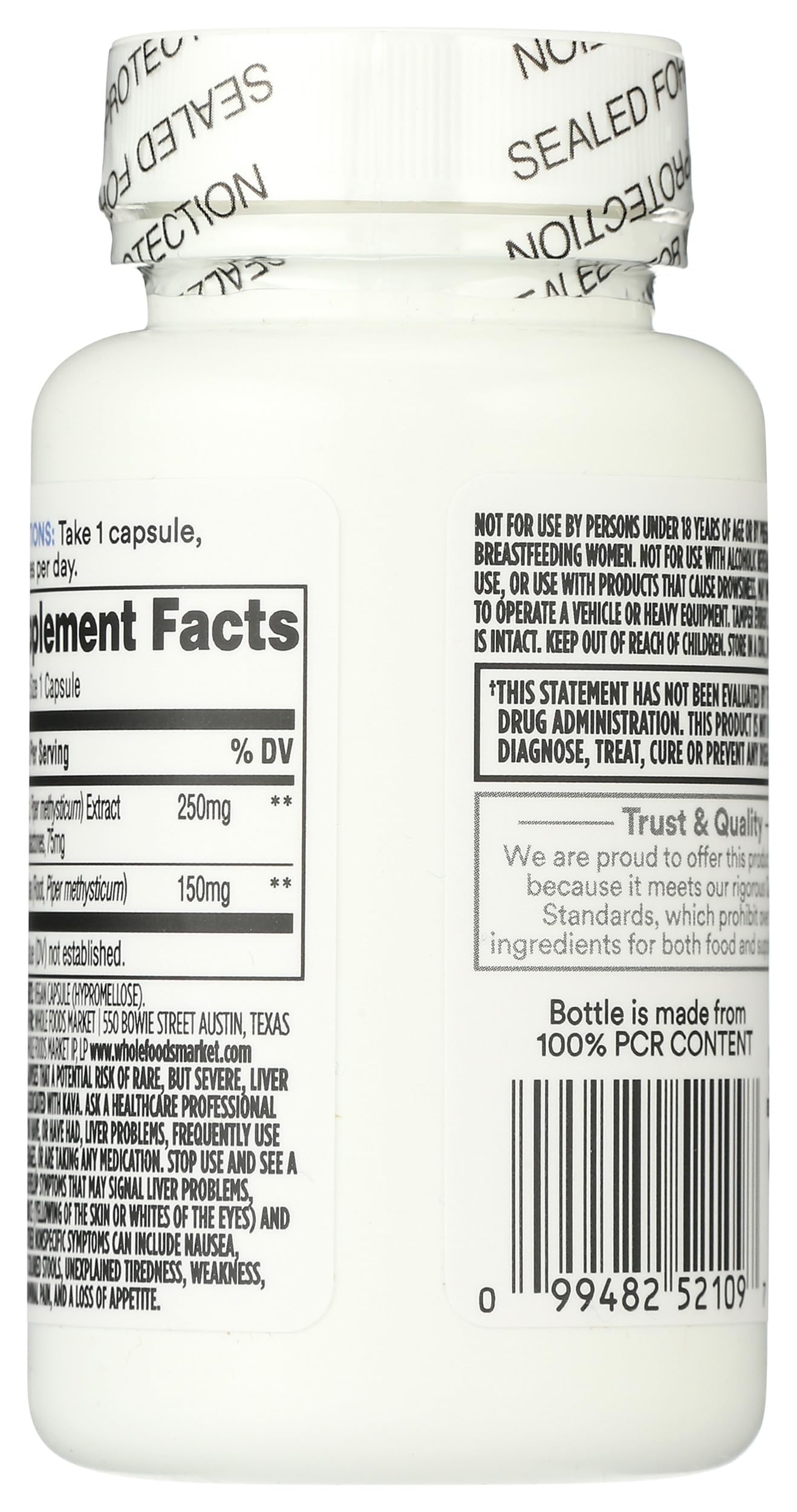 365 by Whole Foods Market Kava label closeup showing standardized extract