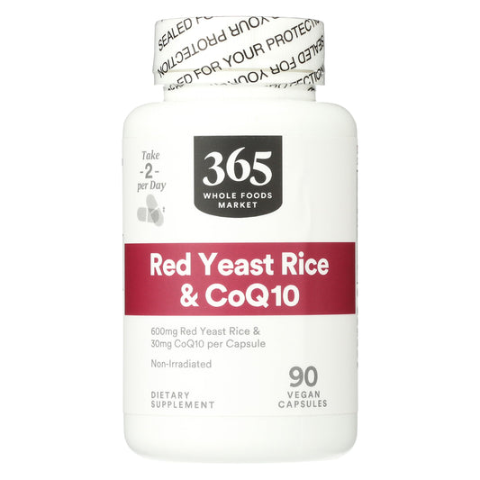 365 Red Yeast Rice with CoQ10 bottle on shelf supports daily wellness.