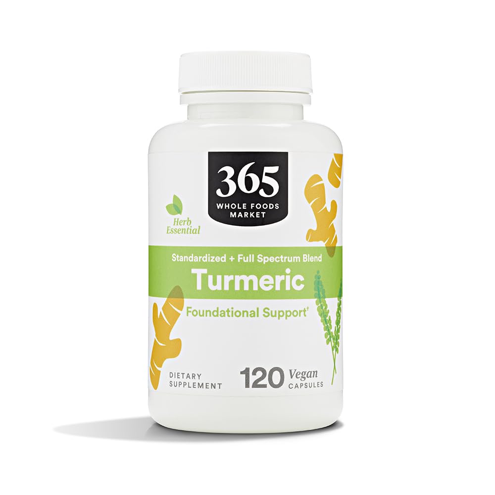365 by Whole Foods Turmeric 120-count bottle on shelf supports daily joint comfort.