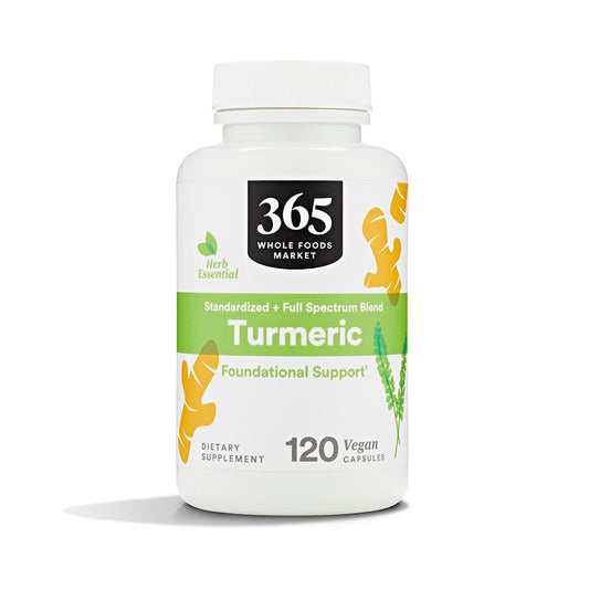 365 by Whole Foods Turmeric 120-count bottle on shelf supports daily joint comfort.