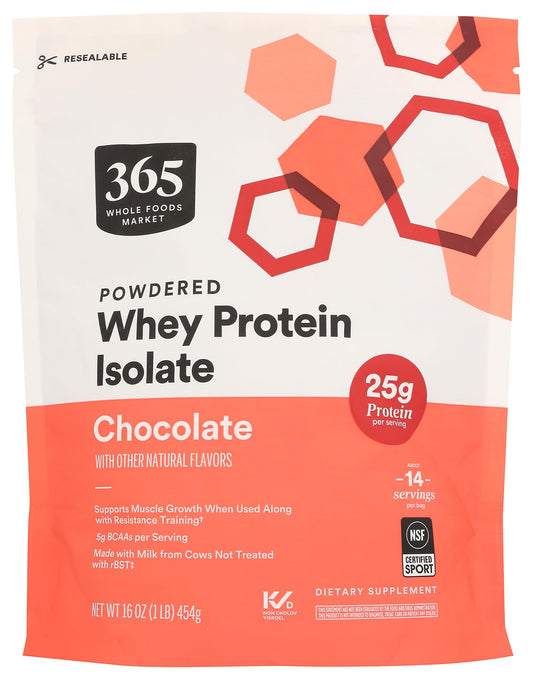 365 by Whole Foods Market chocolate whey protein isolate bottle ready for post-workout shakes