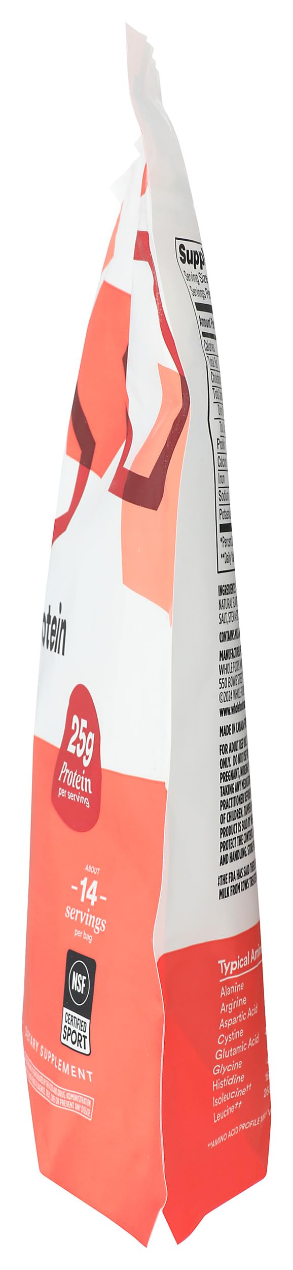 Opened packaging of 365 by Whole Foods Market chocolate whey protein isolate