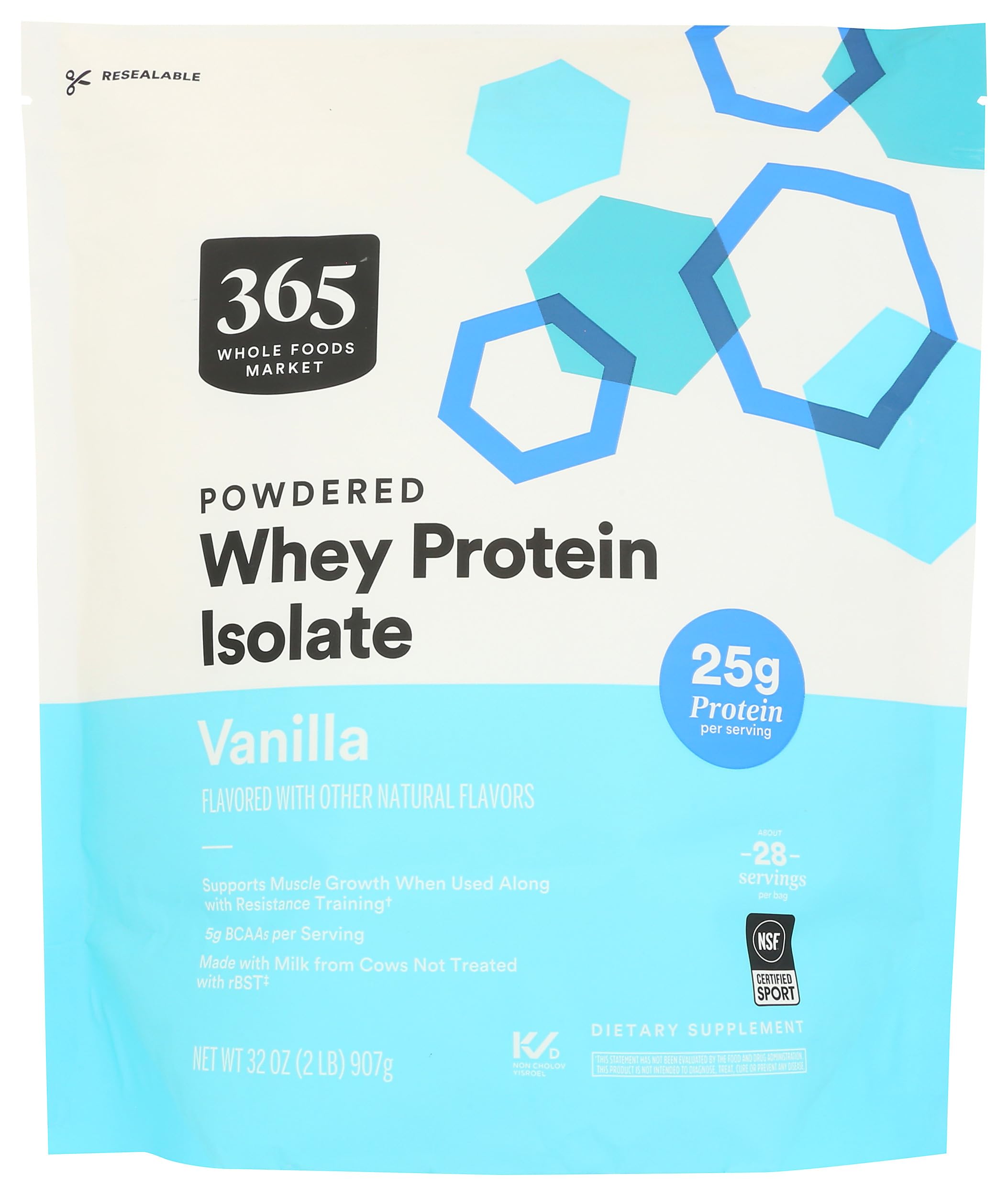 365 by Whole Foods Market whey protein isolate vanilla bottle highlights 25g protein per serving for daily use