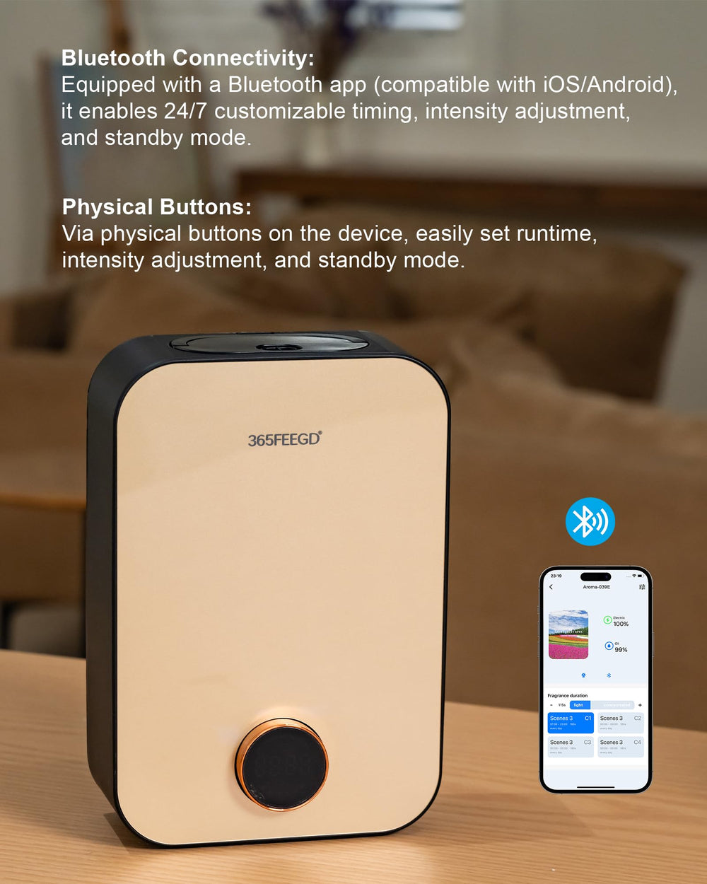 365FEEGD diffuser Bluetooth app control for personalized setup
