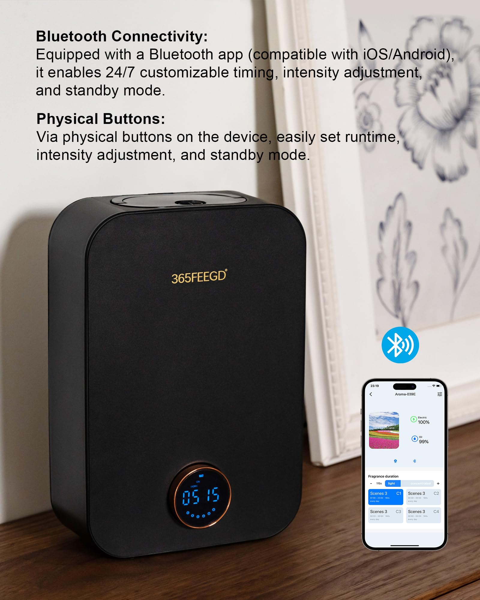 365FEEGD Smart Bluetooth Diffuser works with iOS and Android for convenient control.