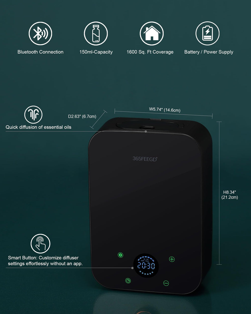 365FEEGD waterless diffuser control panel with Bluetooth scheduling