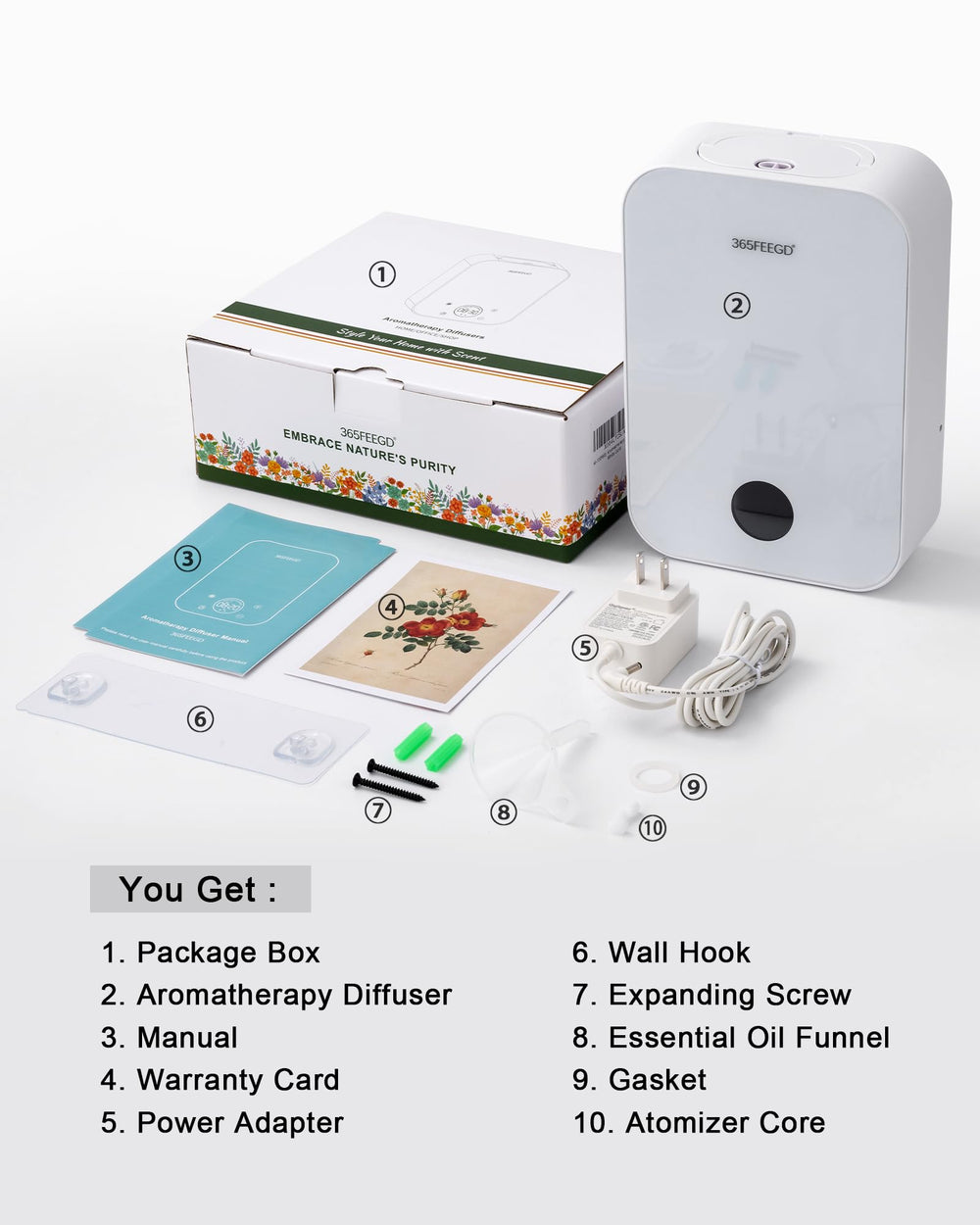 365FEEGD Waterless Diffuser package includes essential accessories