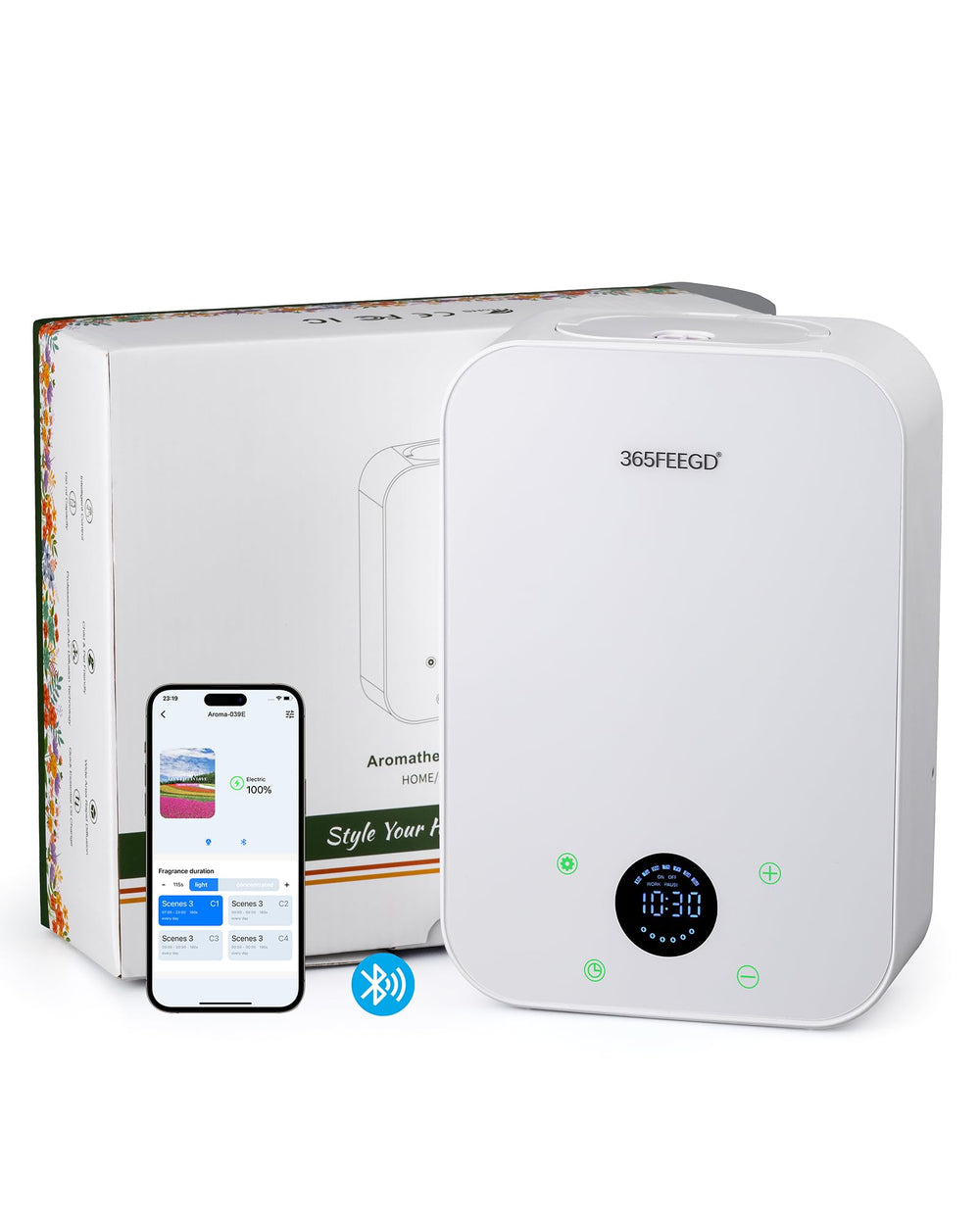 365FEEGD waterless diffuser on table delivers long-lasting aroma for living spaces.