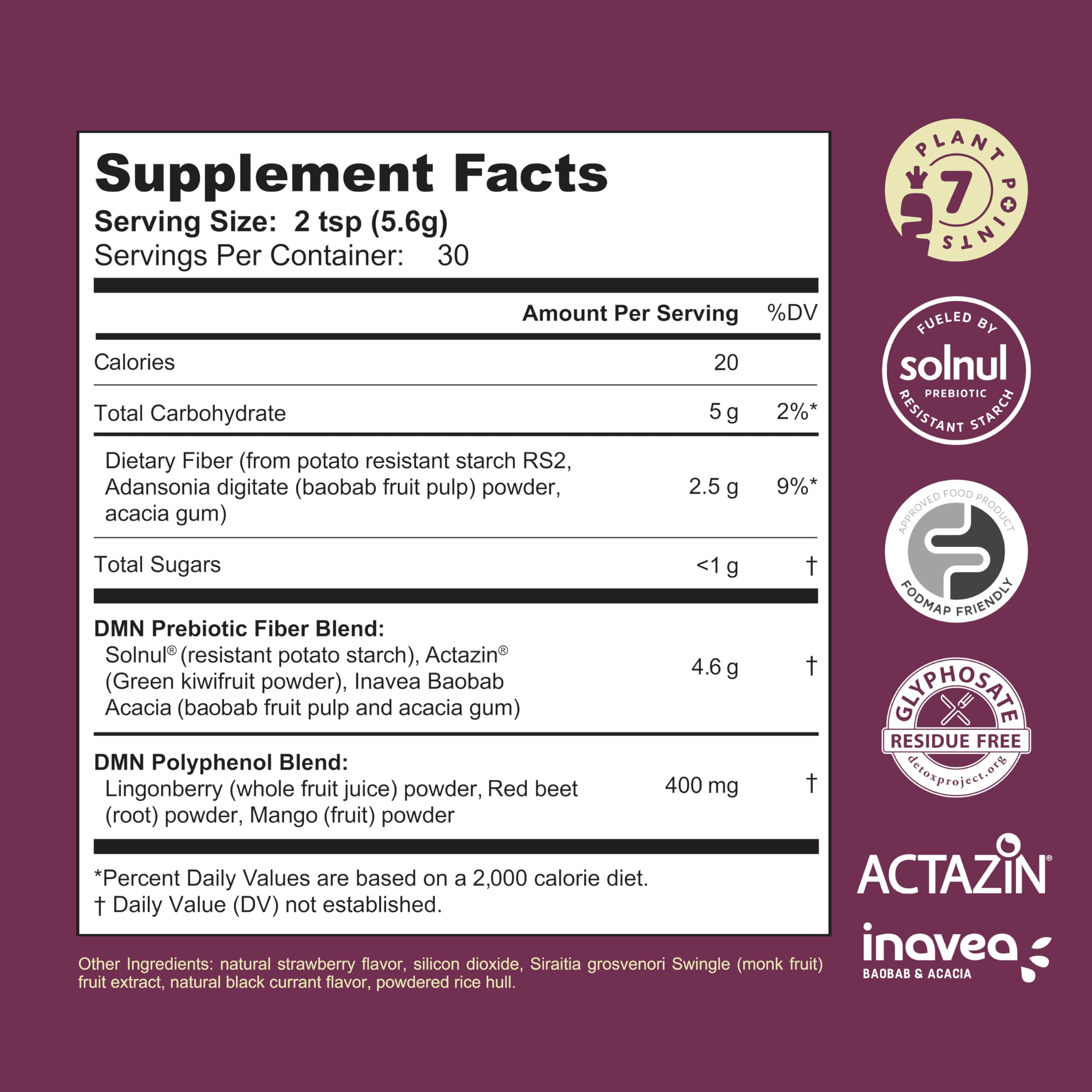 38TERA DMN powder close-up highlighting prebiotics.
