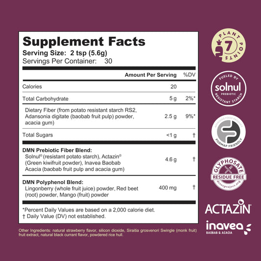 38TERA DMN powder close-up highlighting prebiotics.