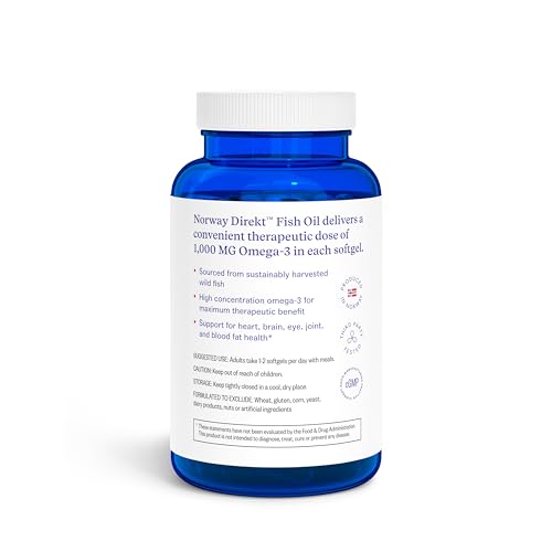Norway Direkt Omega-3 bottle label showing EPA and DHA content for balanced daily intake.