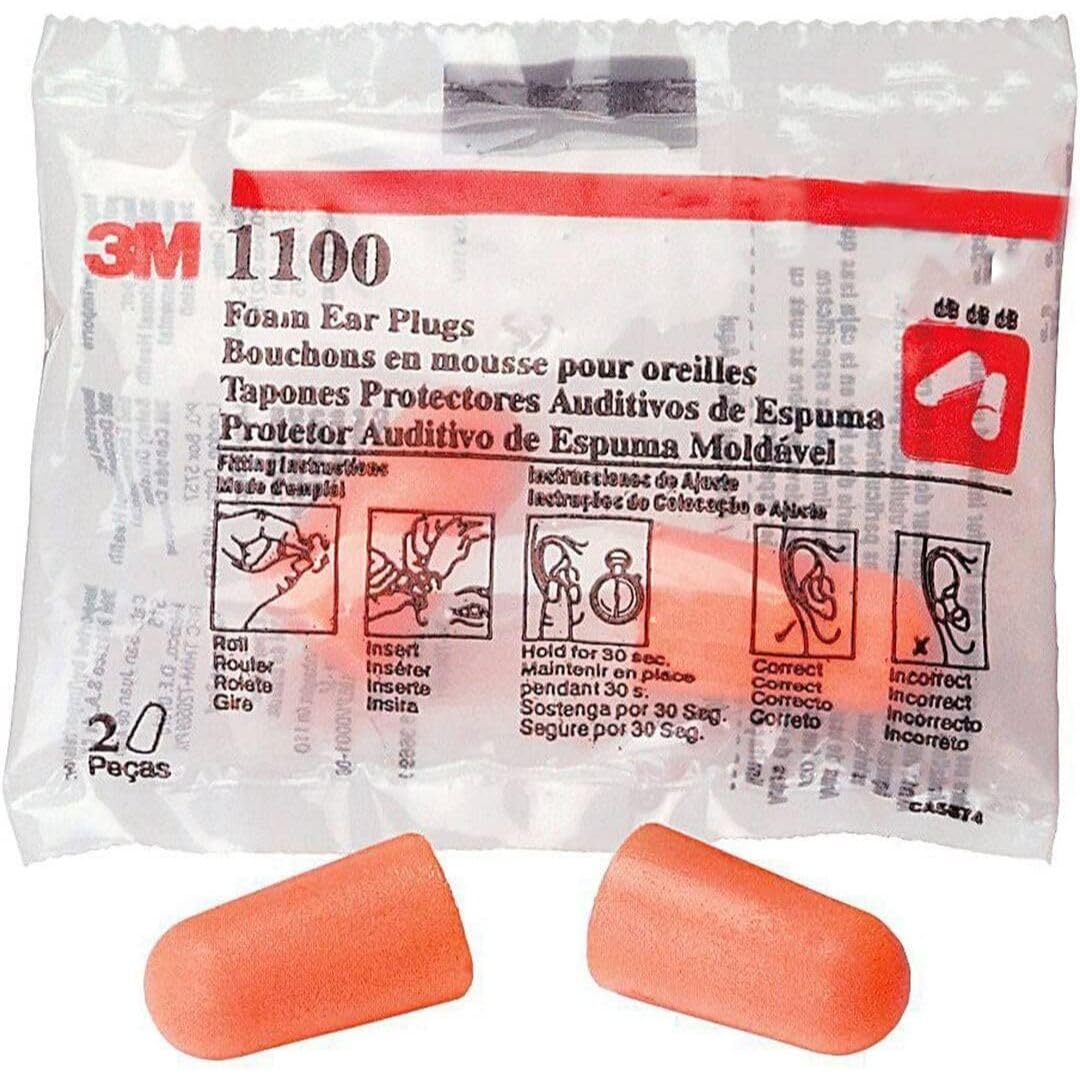 Rolled-down 3M 1100 foam earplugs for easy, quick insertion