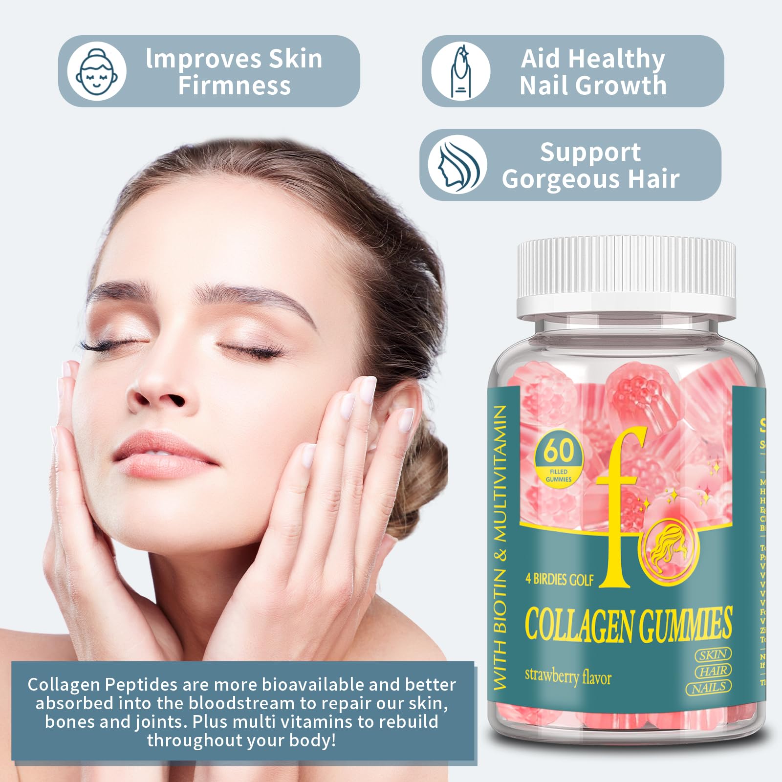 4 BIRDIES GOLF Collagen Gummies ingredients panel with biotin and vitamins