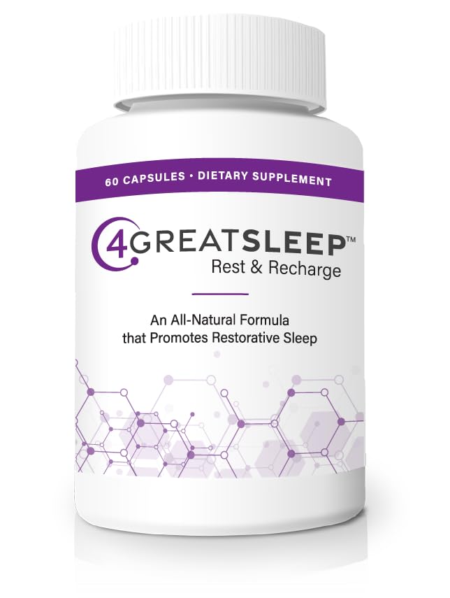 4GREATSLEEP bottle front view with capsules promoting restful sleep.