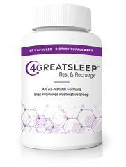 4GREATSLEEP bottle front view with capsules promoting restful sleep.