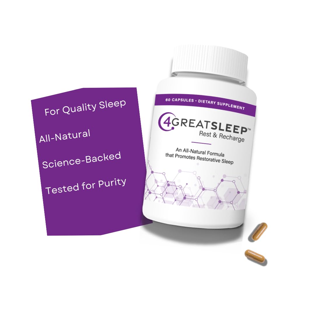 4GREATSLEEP capsules closeup highlighting melatonin and herbs for sleep support.