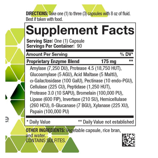 4Life Digestive Enzymes label closeup highlights enzymes for efficient nutrient breakdown.