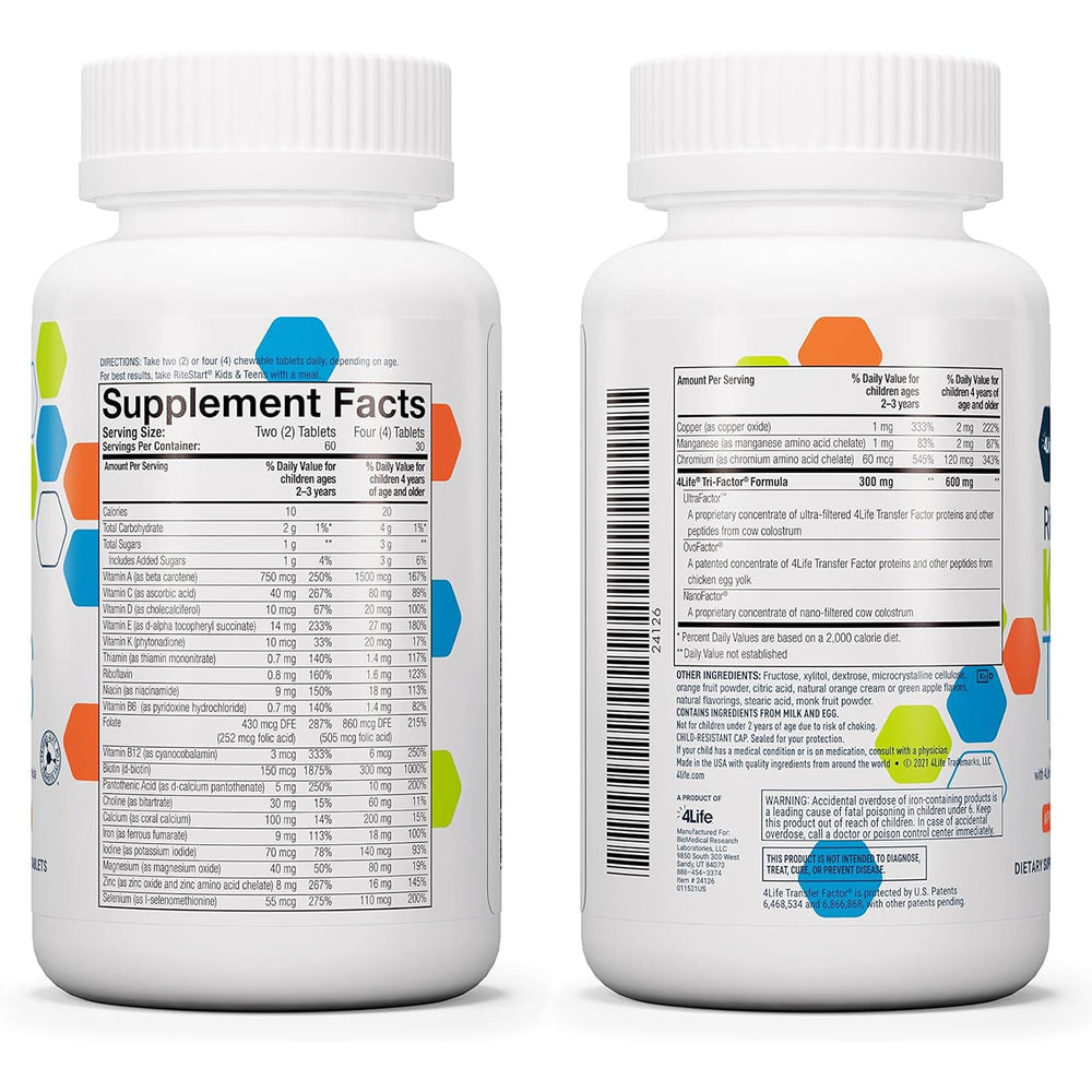 4Life RiteStart Kids Teens Orange flavor bottle highlights convenient chewables for active students.