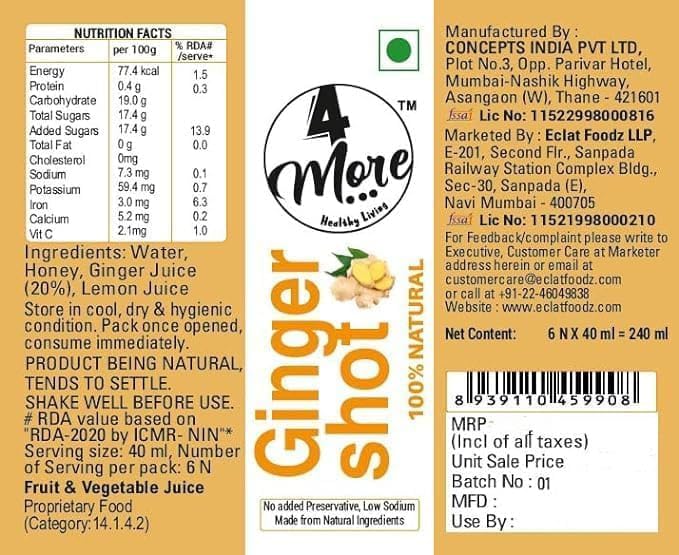 4MORE Ginger Lemon Honey Shot label close-up highlighting real ingredients.