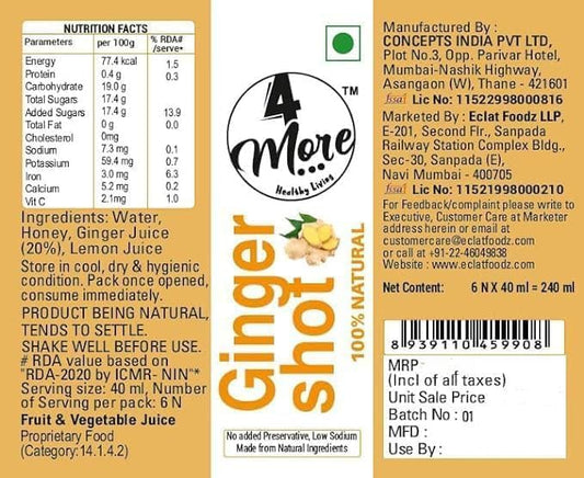 4MORE Ginger Lemon Honey Shot label close-up highlighting real ingredients.