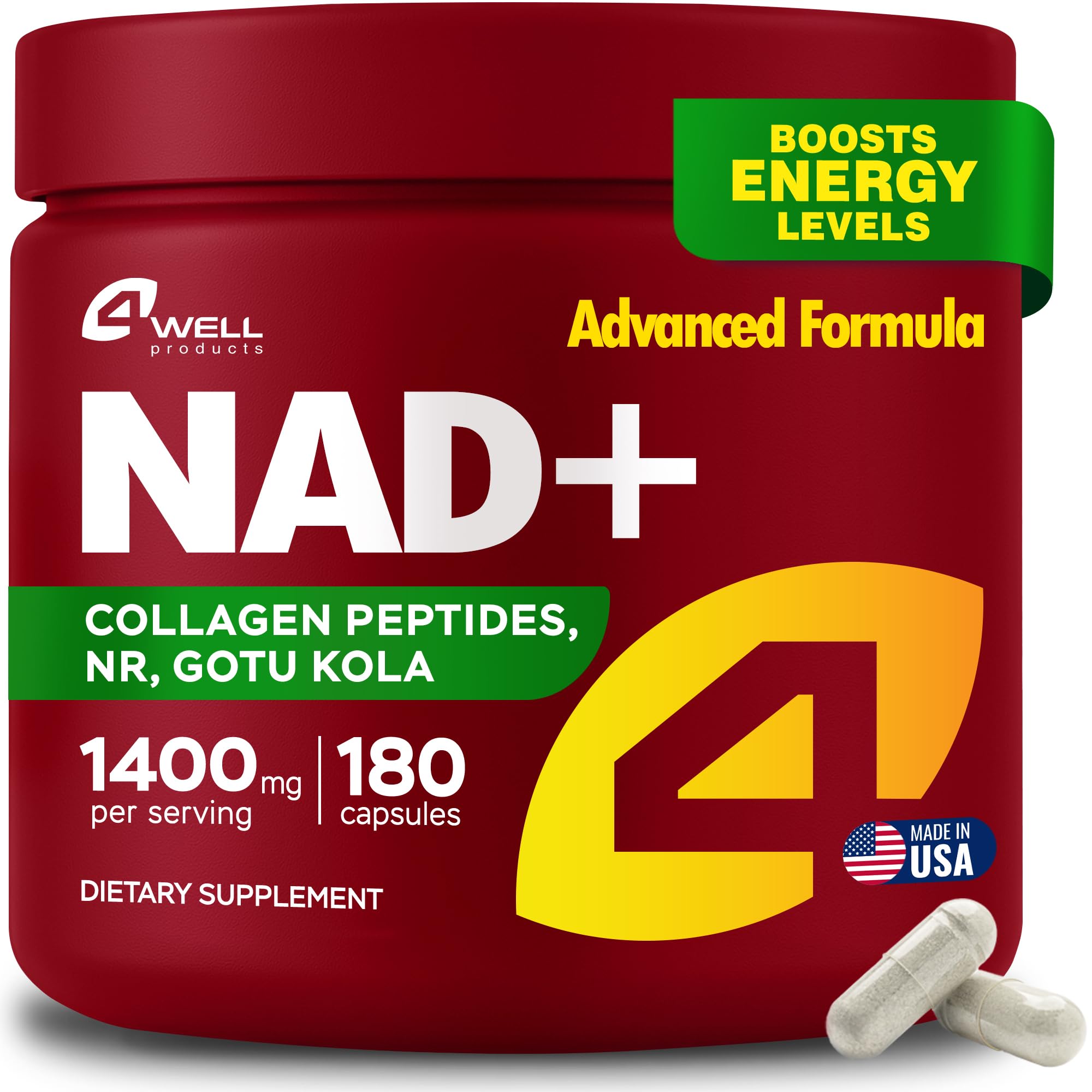 4Well Gotu Kola NAD Plus bottle image showcasing energy support and aging wellness.