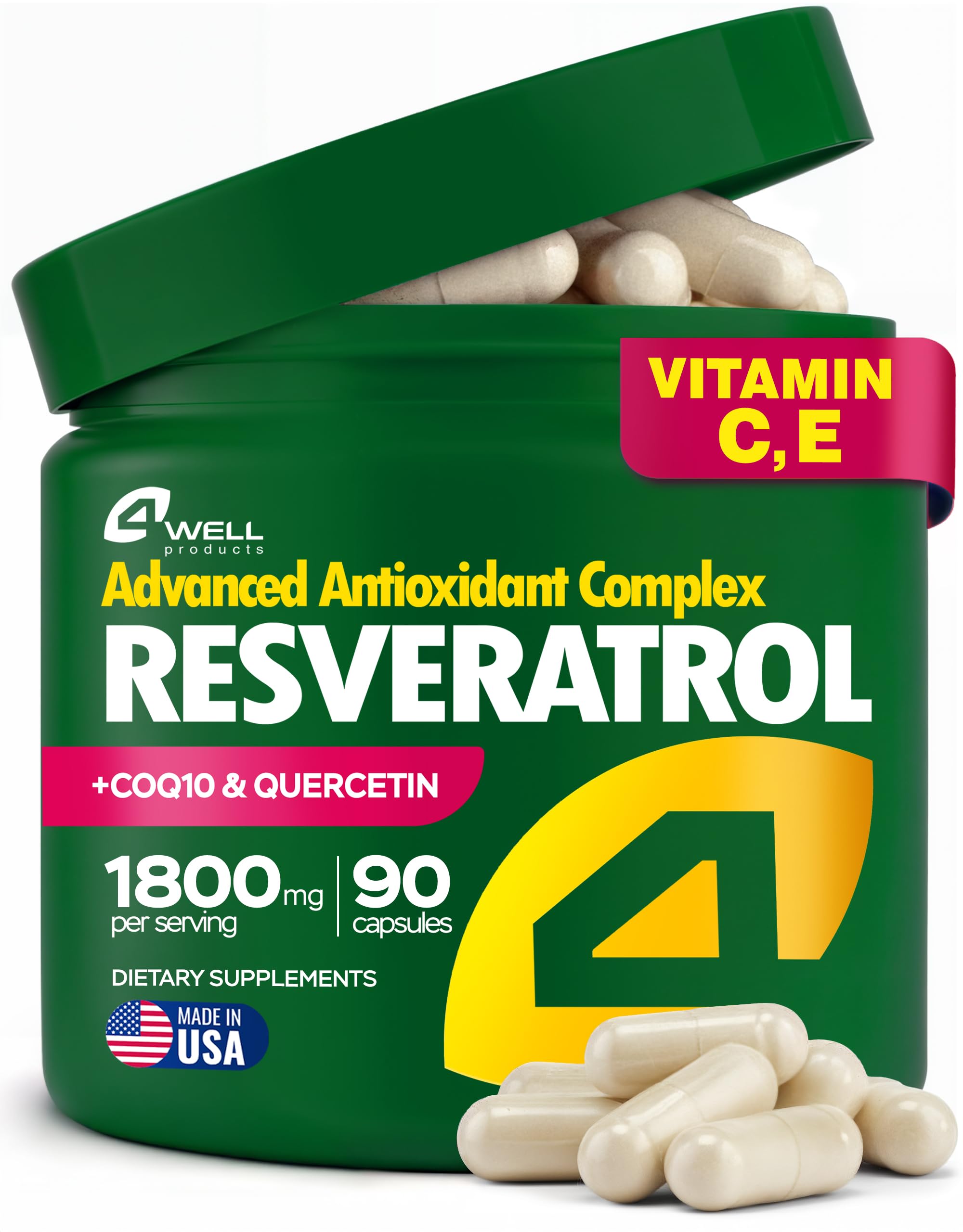 4Well Resveratrol 1800mg complex bottle highlights antioxidant power for daily wellness