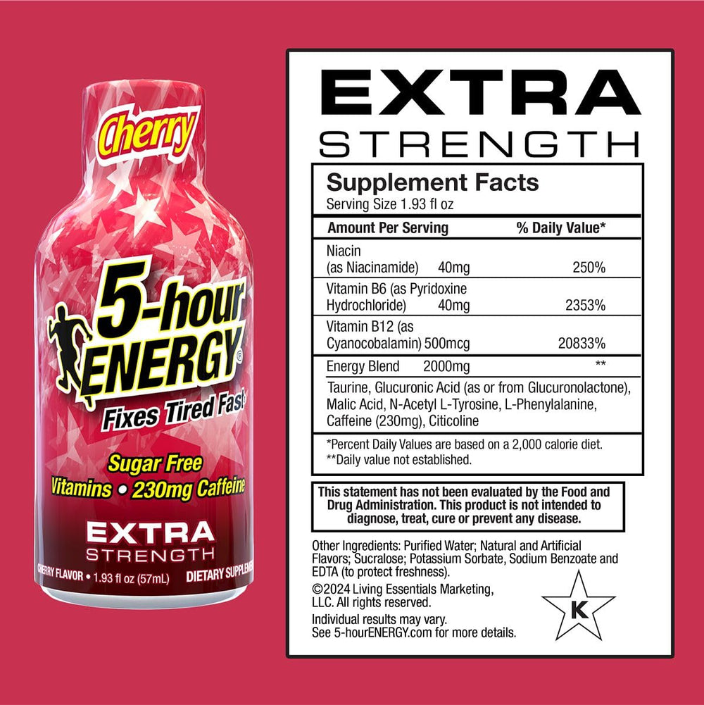 5-hour ENERGY Extra Strength Cherry bottle closeup emphasizes high caffeine boost for early days