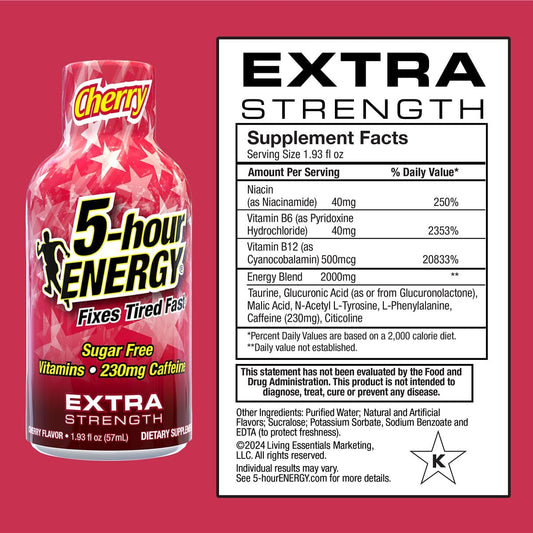 5-hour ENERGY Extra Strength Cherry bottle closeup emphasizes high caffeine boost for early days
