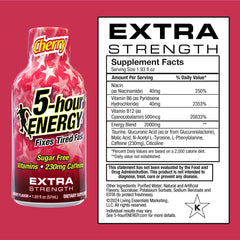 5-hour ENERGY Extra Strength Cherry bottle closeup emphasizes high caffeine boost for early days