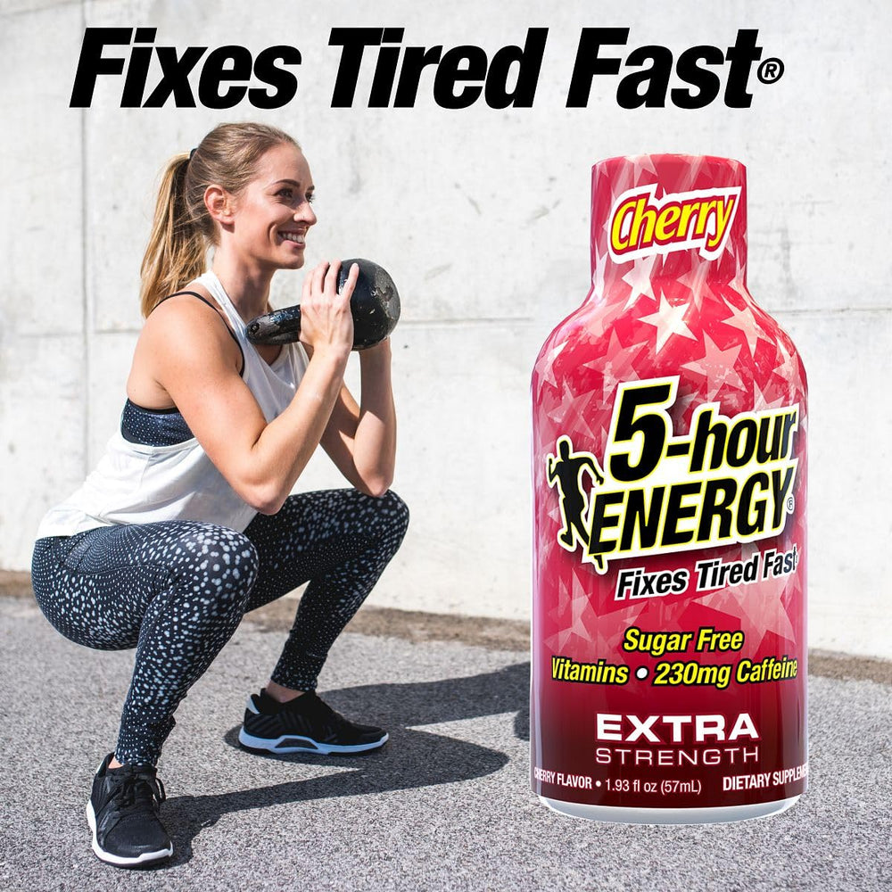 5-hour ENERGY Extra Strength Cherry bottle pour demonstrates quick energy for on-the-go routines