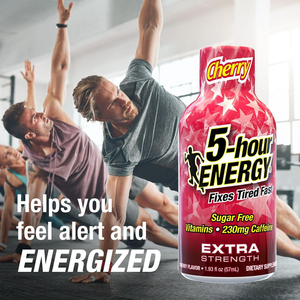 5-hour ENERGY Extra Strength Cherry travel-ready bottle shows portability for busy travelers