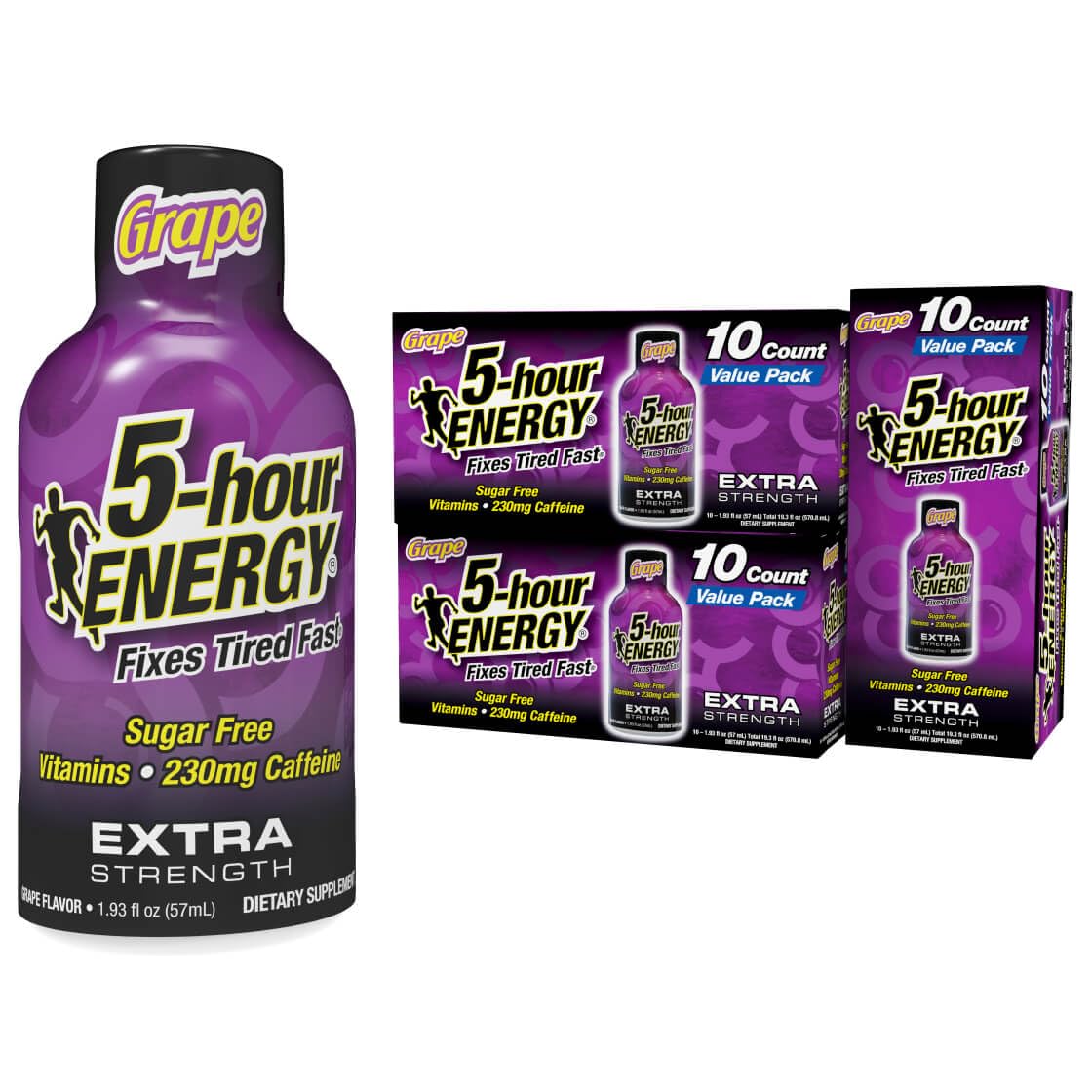 5-hour ENERGY grape shot bottle showing zero calories and no sugar