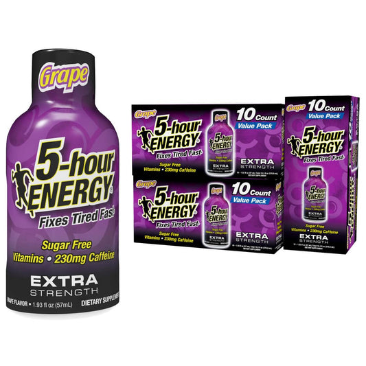 5-hour ENERGY grape shot bottle showing zero calories and no sugar