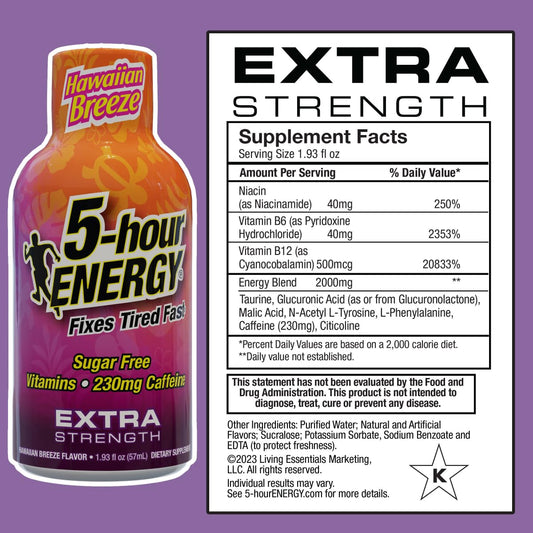 5-hour ENERGY Extra Strength Hawaiian Breeze pack shot highlighting 20-pack convenience.
