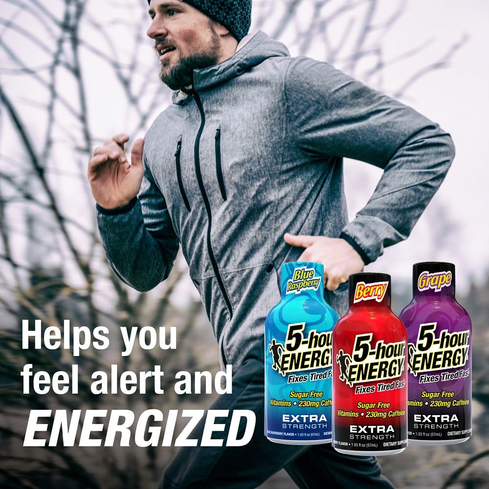 5-Hour ENERGY blue raspberry bottle provides quick focus for workouts.