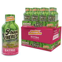 5-hour ENERGY extra strength strawberry watermelon bottle on a desk for busy days