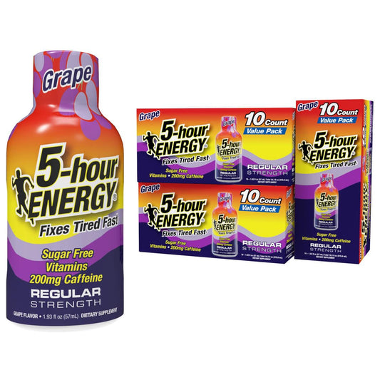5-hour ENERGY grape shot bottle on desk for quick focus