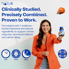 Graphic showing GABA, L-Theanine, 5-HTP, and melatonin in the 5 Nutri blend