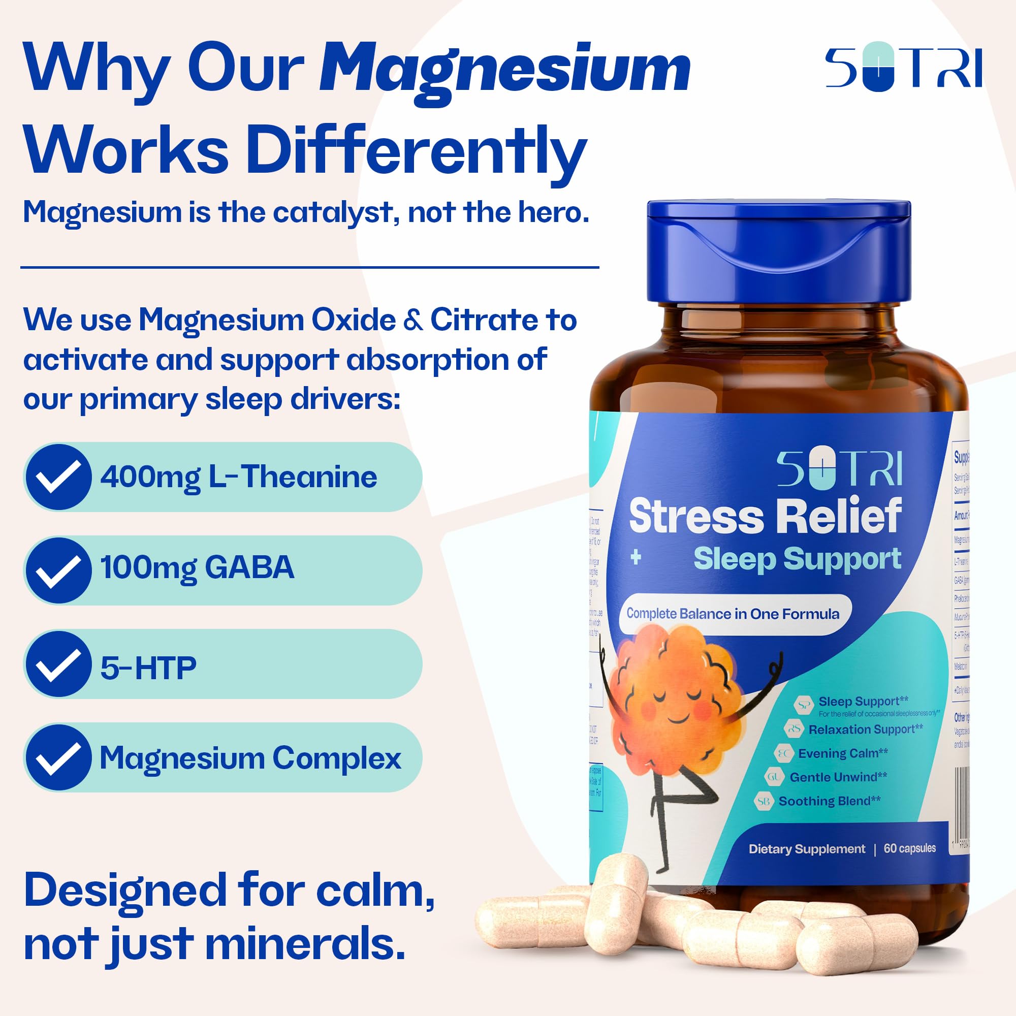 Closeup of 5 Nutri Magnesium Citrate capsules promoting calm and daily focus