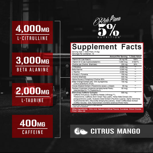 Closeup of Rich Piana 5150 packet highlighting high stim formula for focus and drive.