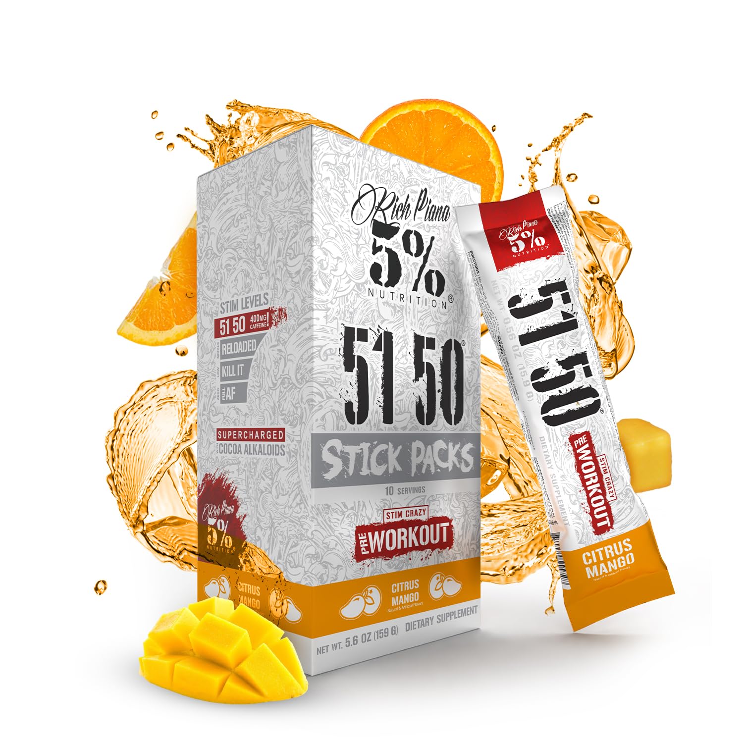 5% Nutrition Rich Piana 5150 packets in citrus mango offering potent on demand energy for workouts.