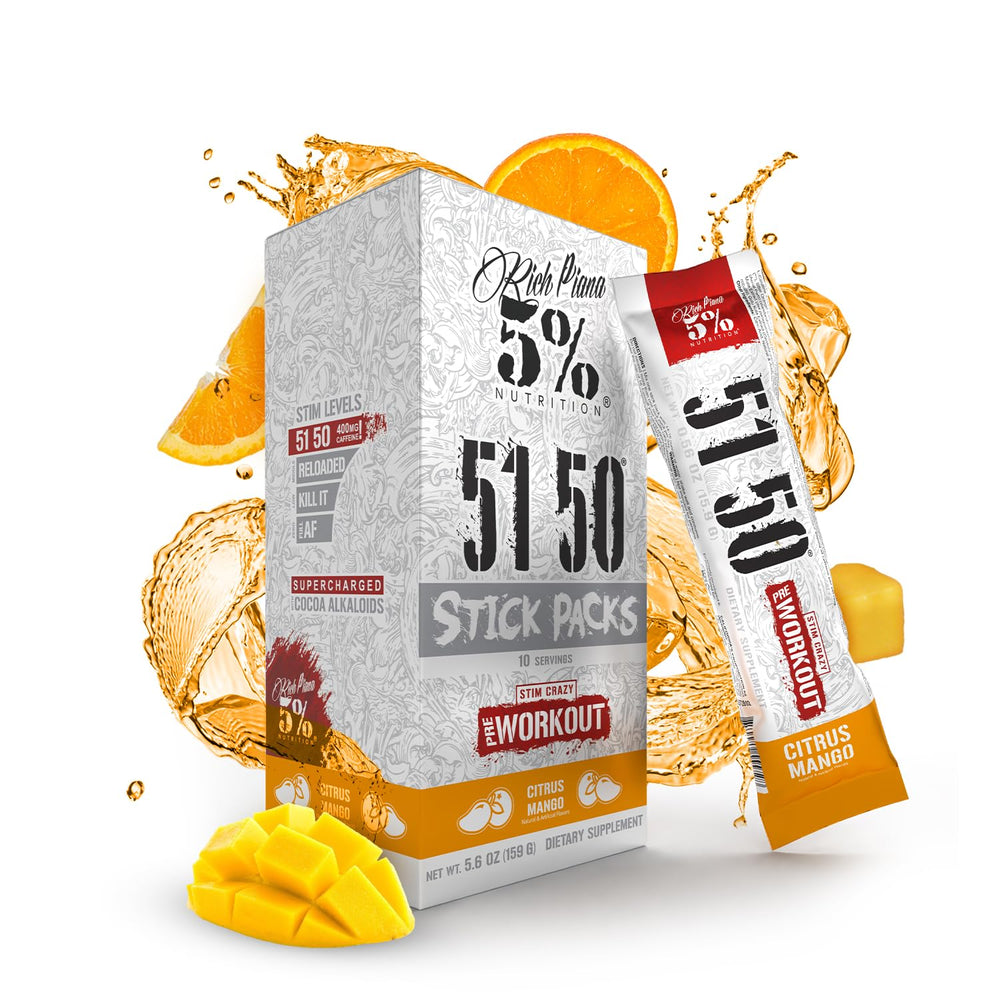 5% Nutrition Rich Piana 5150 packets in citrus mango offering potent on demand energy for workouts.