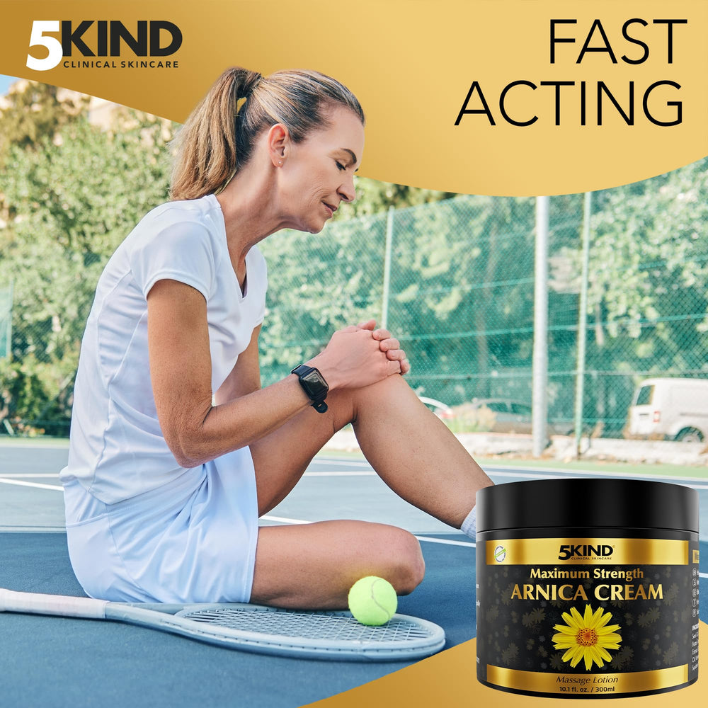 Close-up of massaging 5kind arnica cream into skin after activity.