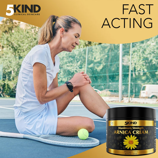 Close-up of massaging 5kind arnica cream into skin after activity.