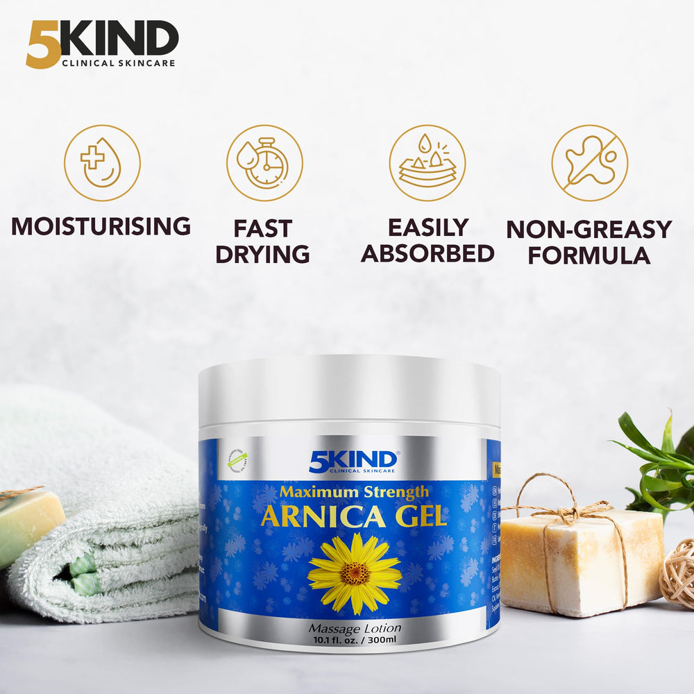 5kind Arnica Gel on skin illustrating rapid absorption and cooling feel.